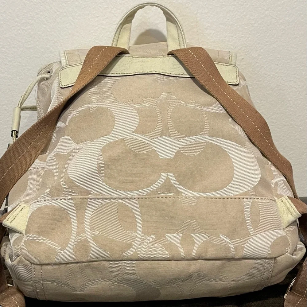Coach Beige Signature Nylon Backpack with Leather Trim - Picture 2 of 9